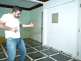 redhead ladyboy in sexy santa outfit jerks off on the couch